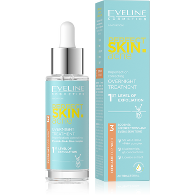 Eveline Perfect Skin Acne Night Treatment Correcting Imperfections 1 Level Exfoliation 5% Acid Complex 30ml