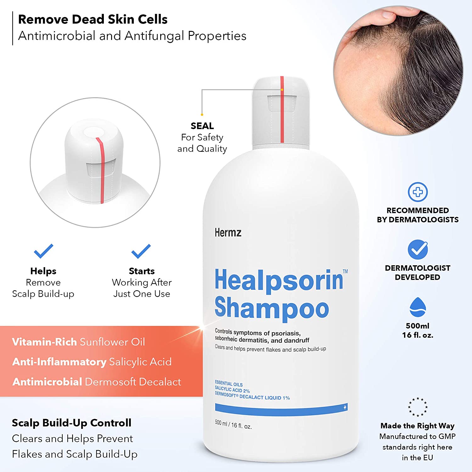 Hermz Healpsorin Shampoo - Champú para inflamación seborreica y