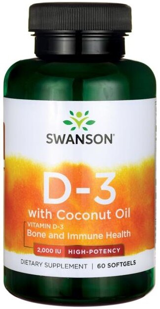 Swanson Vitamin D-3 with Coconut Oil 2000 IU 60 Softgels