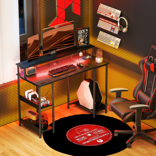 HOMCOM LED Computer Desk, with Power Outlets and Shelves - Black