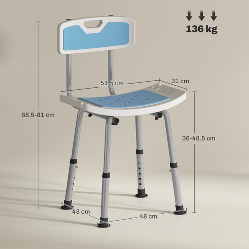 HOMCOM Shower Stool with Backrest, Height Adjustable Shower Chair with Anti-slip Foot Pads, Shower Head Holder, Light Blue