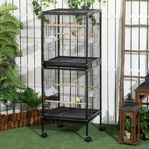 PawHut Bird Cage Budgie Cage 2 In 1 Large Aviary with Wheels Removable Trays for Finch Canaries Cockatiels Black