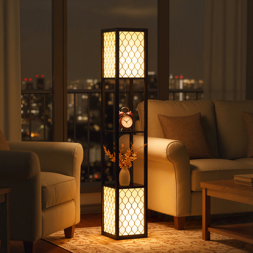 HOMCOM Floor Lamp with Shelves, Modern Tall Standing Lamps with Fabric Lampshade, Chain Switch and Dual Light for Living Room, Bedroom, Bulb not Included, Black