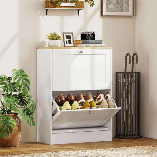 HOMCOM Two Flip Drawer Shoe Cabinet - White