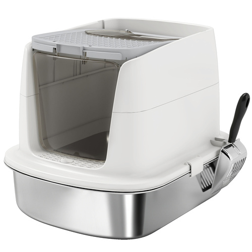 PawHut Large Stainless Steel Litter Box, Enclosed Metal Cat Litter Tray with Scoop, Deodoriser Bag, Front-Entry and Top-Exit
