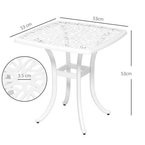 Outsunny Cast Aluminium Bistro Table, Outdoor Square Side Table with Umbrella Hole, Garden Table for Balcony, White