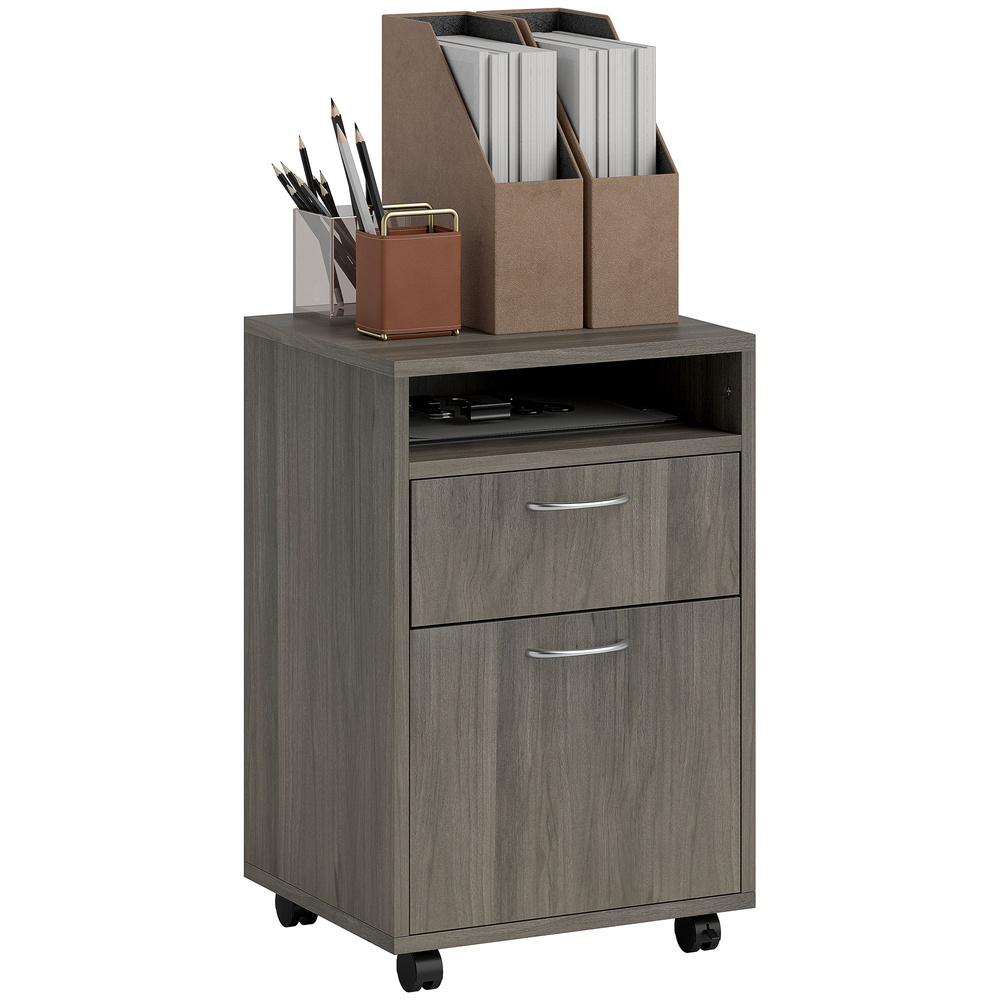 HOMCOM Filing Cabinet, Mobile File Cabinet with 2 Drawers, Office Home Organiser on Wheels for A4, Letter-Size File Folders, Mobile Printer with Open Shelf, Grey
