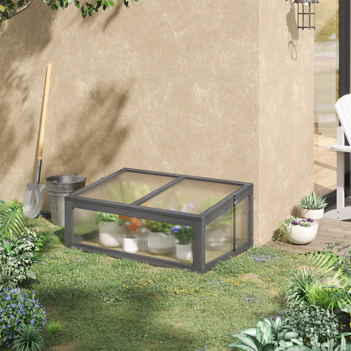 Outsunny Wooden Cold Frame, Small Polycarbonate Greenhouse for Plants with Openable & Tilted Top Cover, Grey, 100 x 65 x 40cm