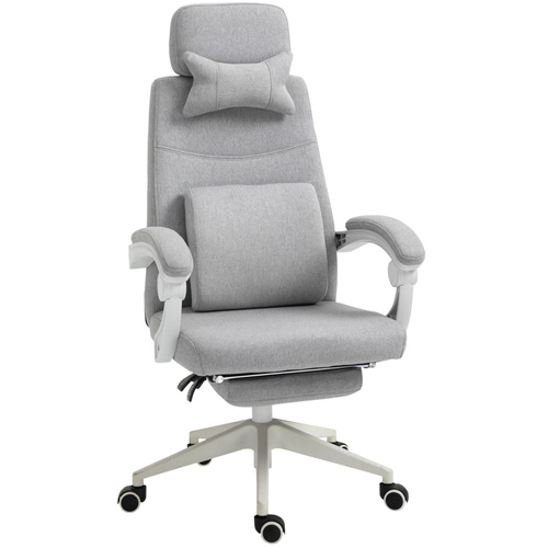 Vinsetto Office Chair, High Back Fabric Work Chair with 160° Reclining Backrest, Retractable Footrest, Neck and Lumbar Pillow, Light Grey