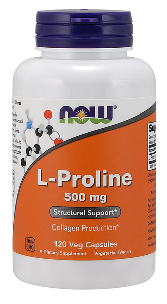 NOW Foods L-Proline 500 mg Wsparcie Produkcji Kolagenu i Struktury Tkanek 120 Kapsułek