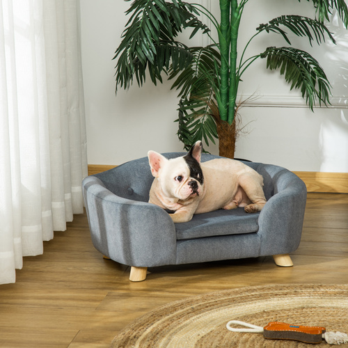 PawHut Dog Sofa Bed Pet Chair Couch with Water Resistant Fabric, Kitten Lounge with Soft Cushion, Wooden Frame for Mini Size Dogs - Grey
