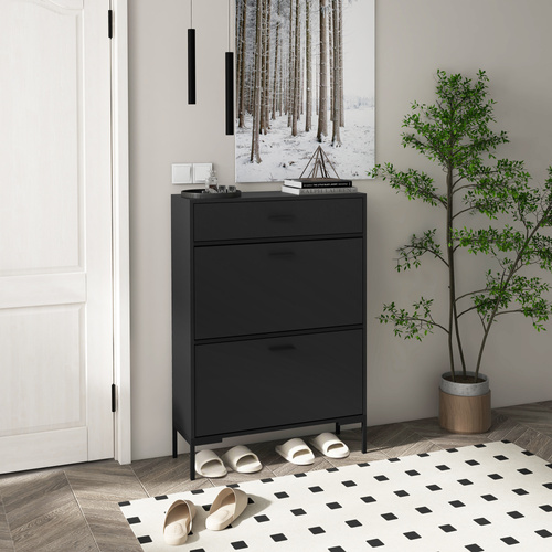 HOMCOM Three Drawer Slim Shoe Storage Cabinet, 12 Shoe Pairs - Black