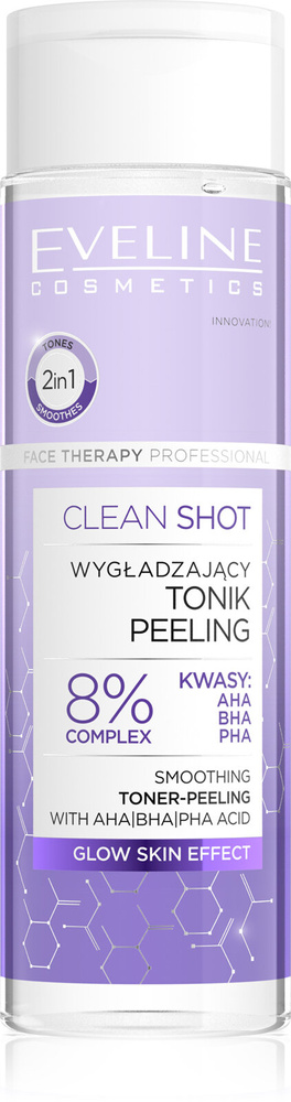 Eveline Clean Shot 8% Kompleks Kwasów AHA BHA PHA Wygładzający Tonik-Peeling dla każdego Rodzaju Skóry 200ml