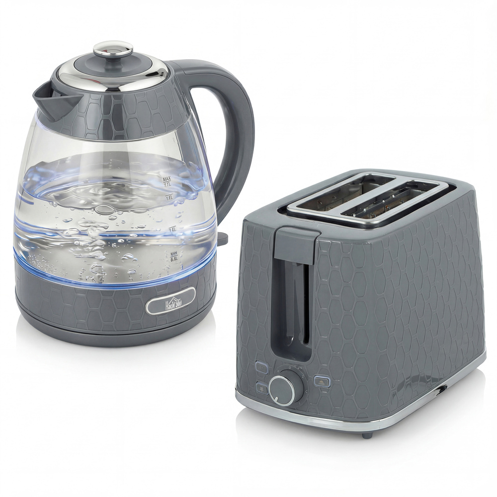 HOMCOM Kettle and Toaster Set, 1.7L 3000W Rapid Kettle with Limescale Filter, 2 Slice Toaster with 7 Browning Controls, Grey