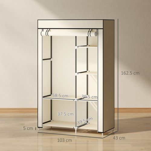 HOMCOM Fabric Wardrobe, Portable Wardrobe with 6 Shelves, 1 Hanging Rail, Foldable Closets, 103 x 43 x 162.5 cm, Cream White
