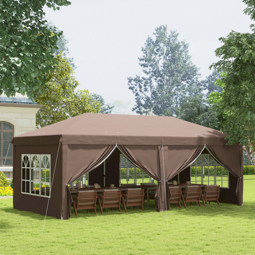 Outsunny 3 x 6 m Pop Up Gazebo with Sides and Windows, Height Adjustable Wedding Camping Party Tent Canopy Marquee with Storage Bag for Garden, Event, Brown