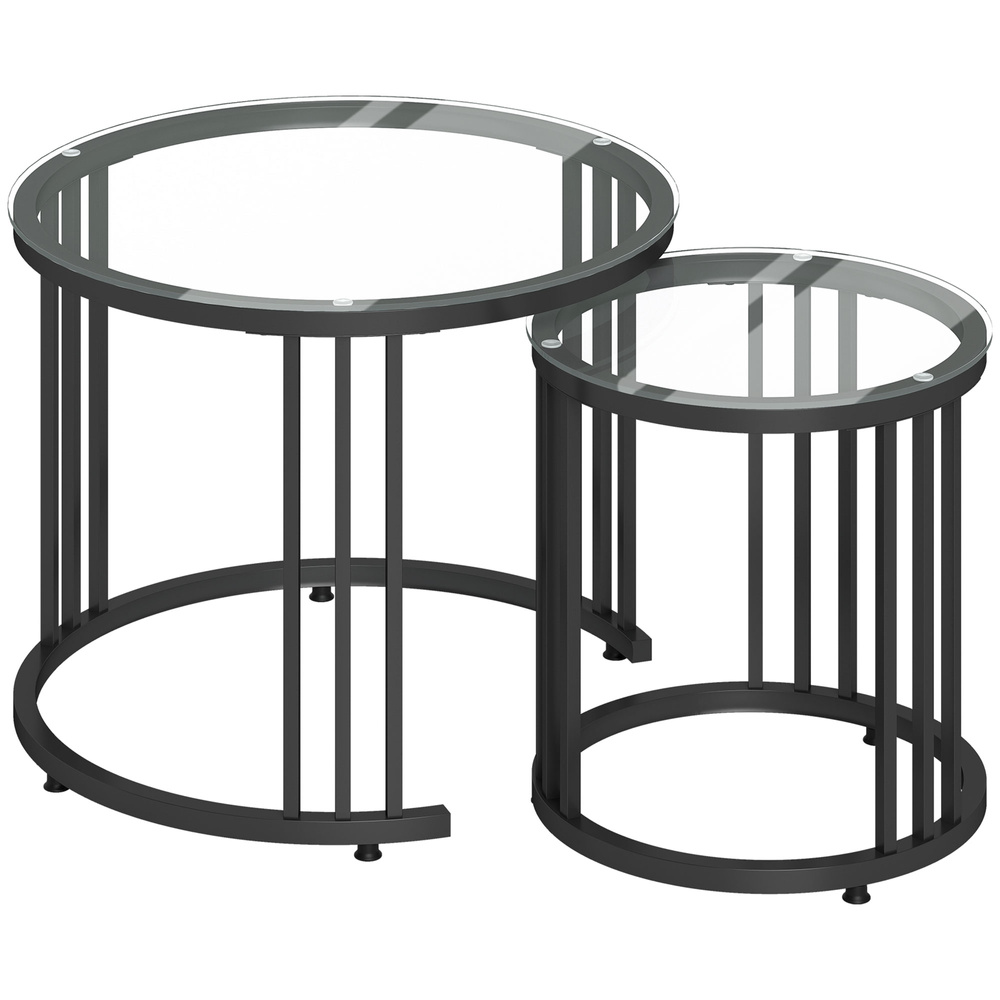 HOMCOM Round Coffee Tables Set of 2, Nesting Tables with Tempered Glass Top and Steel Frame, Black