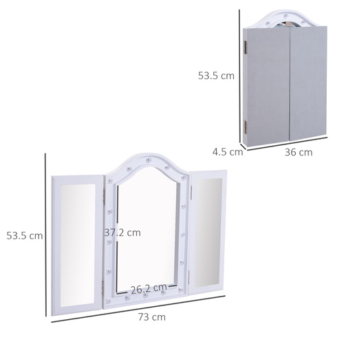 HOMCOM Trifold Tabletop Mirror, 73x53.5cm Makeup Mirror Large Cosmetic w/16 LED Lights Powered by Batteries, Foldable For Bedroom, White