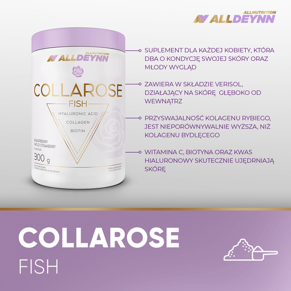 AllDeynn Collarose Fish Hydrolizat Kolagenu Rybiego o Smaku Dzikiej Maliny i Truskawki 300g