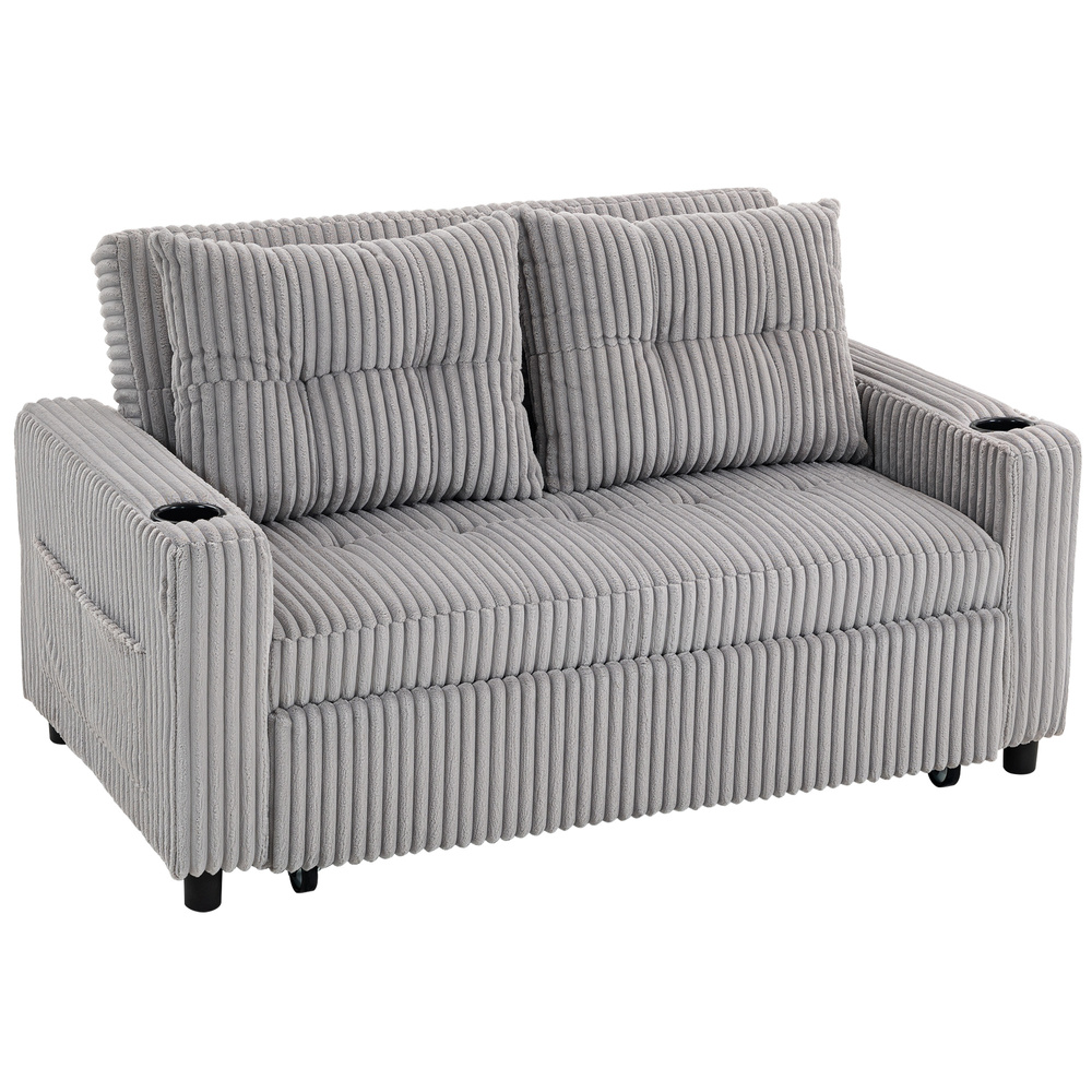 HOMCOM 2 Seater Click Clack Sofa Bed with Pull Out Design, Corduroy Upholstery - Light Grey