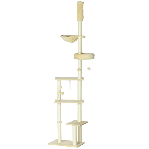 PawHut 230-250cm Floor-to-Ceiling Climbing Cat Tree Tower - Beige