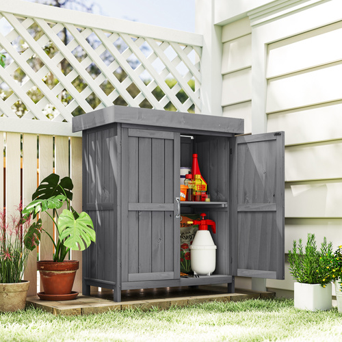 Outsunny Small Shed, Wooden Garden Shed with Openable Hinged Roof and Removable Shelf, Outdoor Tool Storage Cabinet Chest with Double Doors, 74 x 43 x 88 cm, Grey
