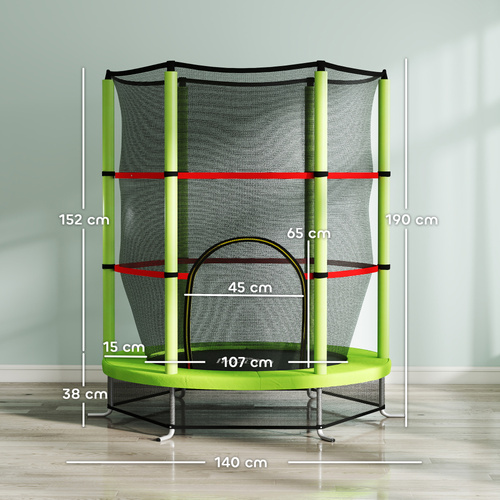 HOMCOM Kids Trampoline, with Enclosure Net, Steel Frame, for Ages 3-6 Years - Green