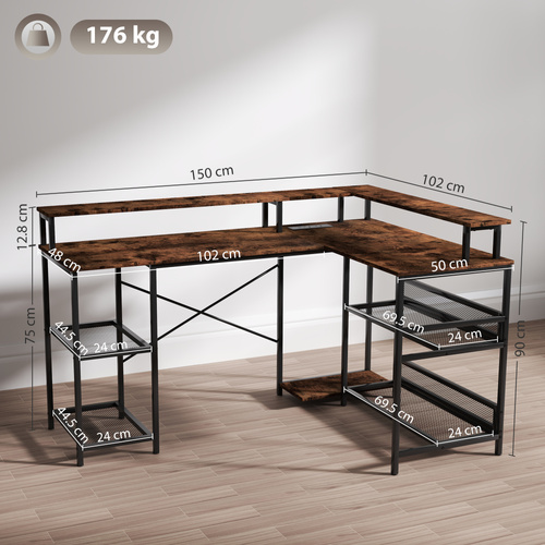 HOMCOM LED Light 'L' Computer Desk, with Shelves - Brown