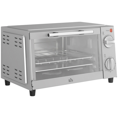 HOMCOM Mini Oven, 9L Countertop Electric Grill, Toaster Oven with Adjustable Temperature, Timer, Dishwasher Safe Baking Tray and Wire Rack, 750W, Silver