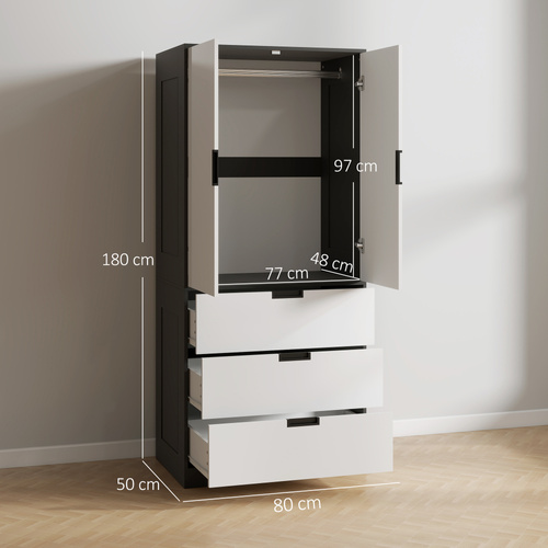 HOMCOM 2 Door Wardrobe, Modern Wardrobe with 3 Drawers and Hanging Rod for Bedroom, High Gloss White