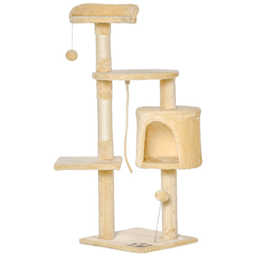 PawHut Cat Tree for Indoor Cats Pet Activity Centre Kitty Condo Climbing Scratching Post with Toys 4-tier 114cm Tall Beige
