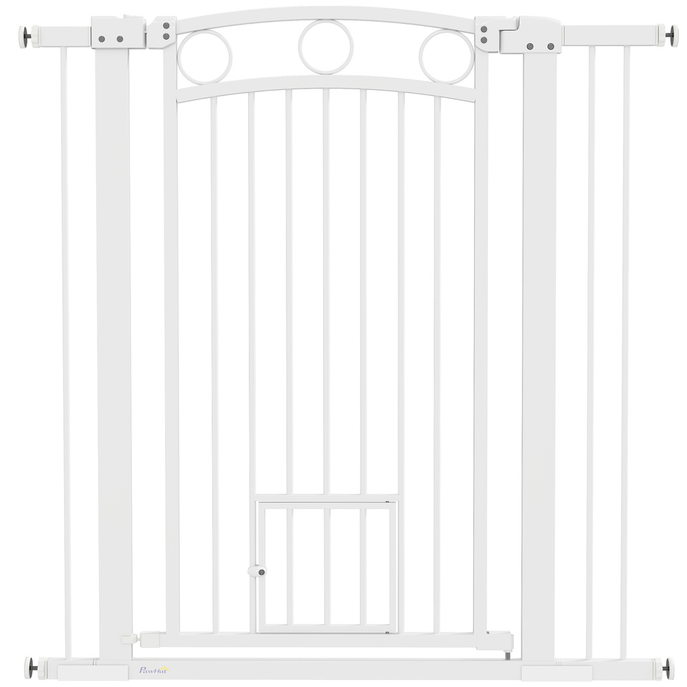 PawHut 106cm Tall Dog Gate with Cat Door, 7cm and 14cm Extensions, for Stairs, Doorways, 76-104cm Width