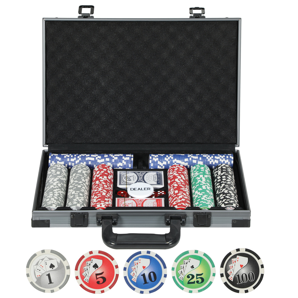 SPORTNOW 400-Piece Poker Chips Set with Lightweight ABS Case, Casino Texas Holdem Poker Set with Mat, 11.5g Numbered Poker Chips, Two Decks of Cards, Dealer, Five Dices, Grey