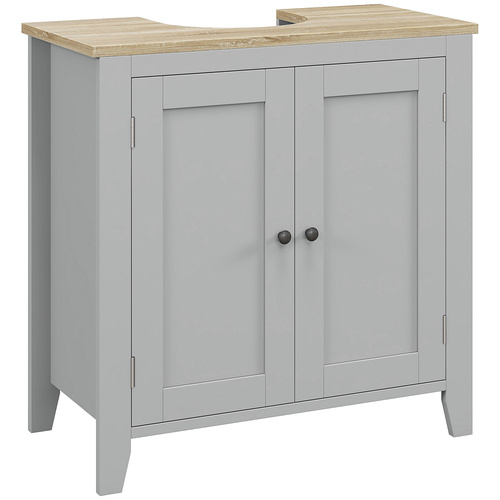 kleankin Under Sink Cabinet, Bathroom Sink Cabinet with 2 Doors, Pedestal Under Sink Design, Freestanding Bathroom Cupboard with Adjustable Shelf, Grey