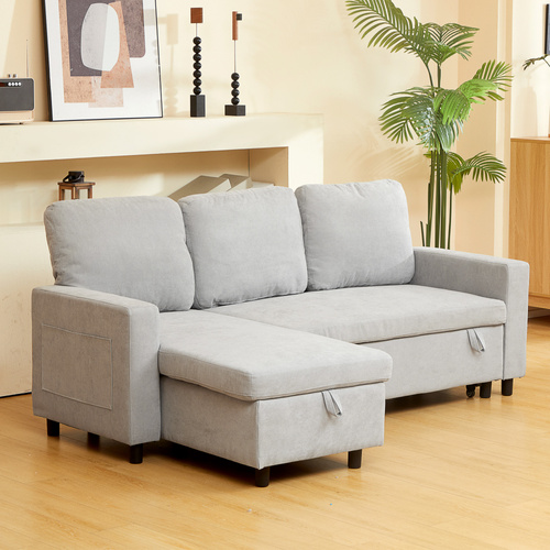 HOMCOM Pull Out Sofa Bed with Storage - Light Grey
