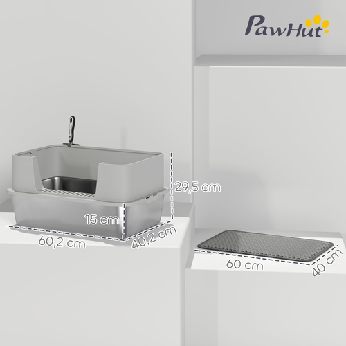 PawHut High Sided Stainless Steel Litter Box, Metal Cat Litter Tray with Metal Scoop, Litter Mat, Never Absorbs Odors, Grey
