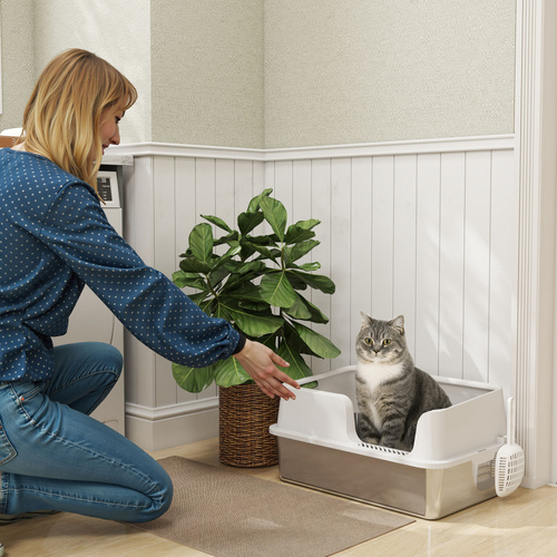 PawHut Stainless Steel Litter Box with Detachable Rim, Scoop, Easy Cleaning, Odour-Resistant, 60 x 40 x 28 cm