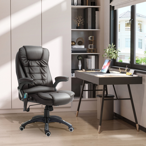 HOMCOM 6-Point Massage Office Chair with Seat Heated for Home Office, PU Leather High Back Executive Desk Chair with Adjustable Height and 360° Swivel for Work Study, Brown
