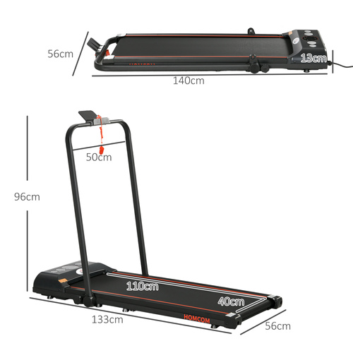 HOMCOM Foldable Walking Treadmill, with LED Display and Wheels, for Home, Office, Gym, Red