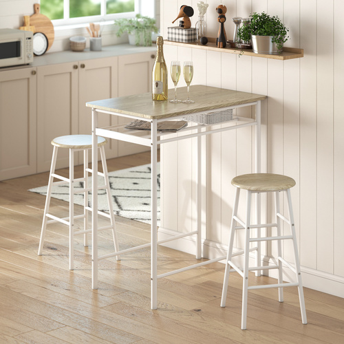 HOMCOM Bar Table Set, Bar Table and Stools Set, Footrest and Storage Shelf, for Kitchen, Dining Room, Pub, Cafe, White and Oak