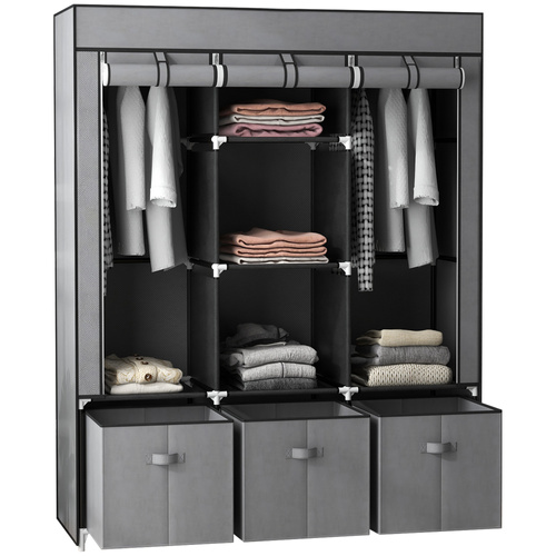 HOMCOM Foldable Fabric Wardrobe for Bedroom, Portable Wardrobe with 5 Shelves, 2 Hanging Rails and 3 Fabric Drawers, Dark Grey