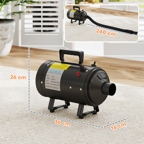 PawHut 2200W Dog Hair Dryer with Adjustable Temperature & Velocity, 3 Different Nozzles, Black