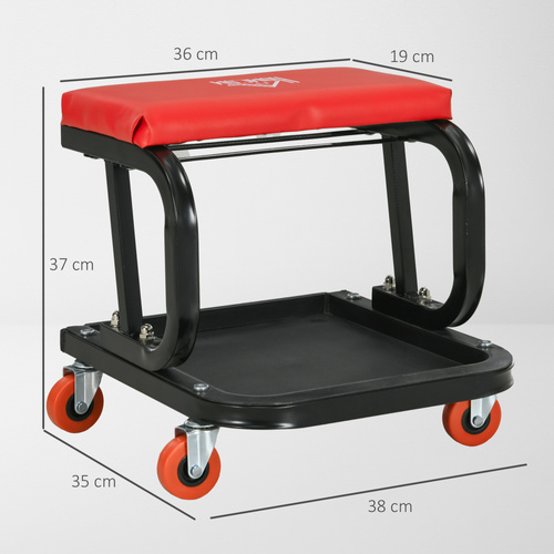 HOMCOM Workshop Stool, Rolling Machine Stool with 360° Swivel, Padded Seat, Tool Tray, Red