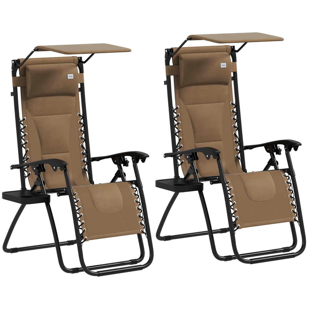 Outsunny Zero Gravity Lounger Chair Set of 2, Folding Reclining Patio Chair with Shade Cover, Cup Holder, Soft Cushion and Headrest for Poolside, Camping, Coffee