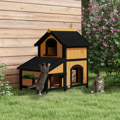 PawHut Wooden Cat House with Flower Pot, Windows, Multiple Entrances, Water-Resistant Roof for Outdoor - Yellow