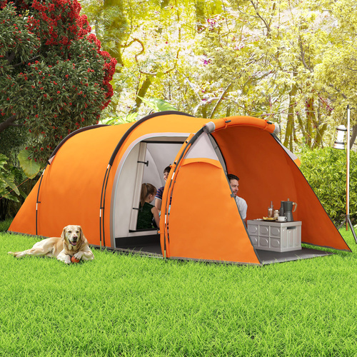Outsunny 2-3 Man Tunnel Tents w/ Vestibule Camping Tent Porch Air Vents Weather-Resistant Shelter, Orange