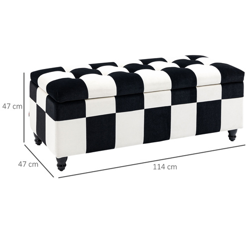 HOMCOM Storage Ottoman, Storage Bench with Wood Legs, Footstool, Footrest with Velvet Surface for Bedroom, Hallway, Living Room, 114 x 47 x 47 cm, White and Black