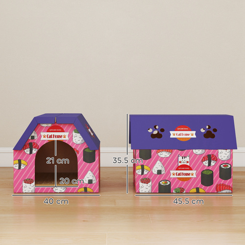 PawHut Cat Scratching Board, 2-in-1 Cardboard Cat House and Hideaway for Indoor Cats, Pink