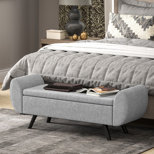 HOMCOM Storage Ottoman with Armrest, Upholstered Linen Storage Bench, Window Seat with Rubberwood Legs, Footstool for Bedroom Living Room, Hallway, Dark Grey