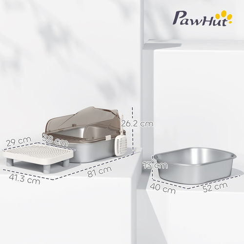PawHut Stainless Steel Litter Box with Lid, High Wall Sided Enclosure, Pedal, Scoop, Non-Sticky, Anti-Leakage, Easy Cleaning